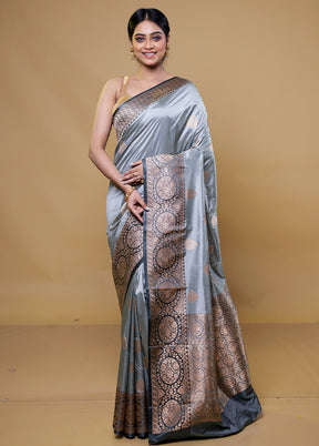 Grey Handloom Katan Pure Silk Saree With Blouse Piece