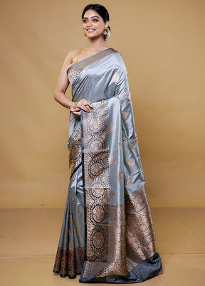 Grey Handloom Katan Pure Silk Saree With Blouse Piece