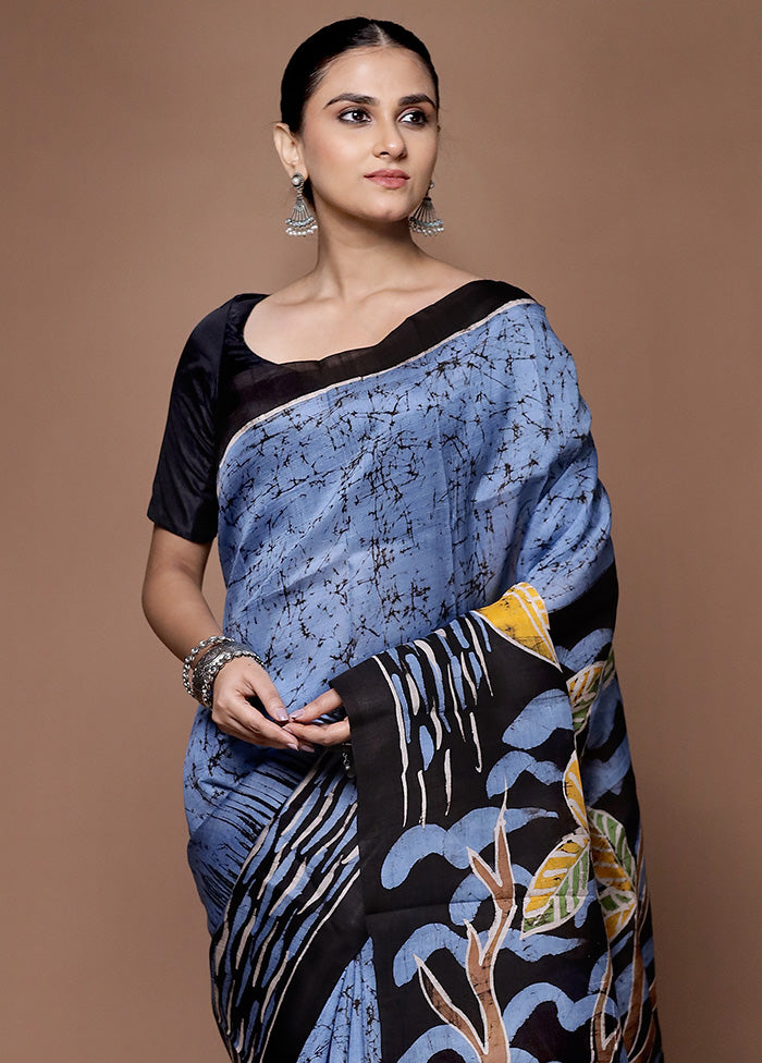 Blue Printed Pure Silk Saree Without Blouse Piece