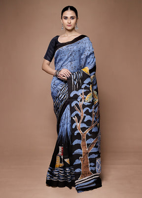 Blue Printed Pure Silk Saree Without Blouse Piece