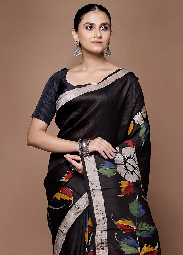 Black Printed Pure Silk Saree Without Blouse Piece