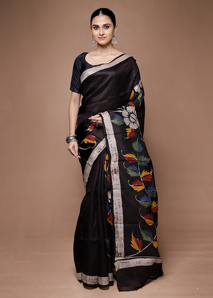 Black Printed Pure Silk Saree Without Blouse Piece