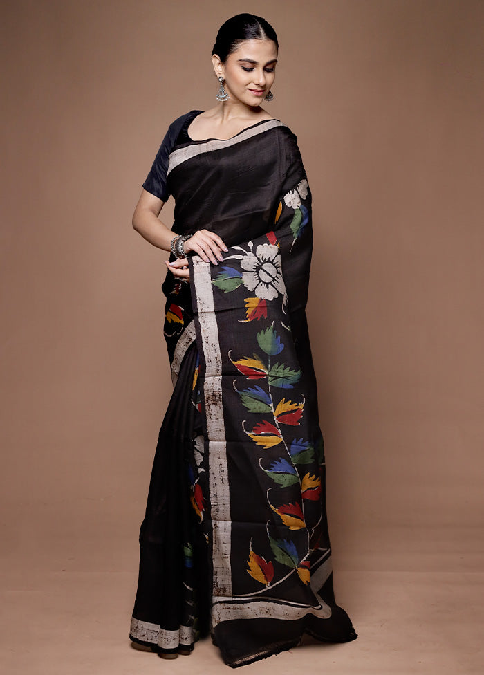 Black Printed Pure Silk Saree Without Blouse Piece