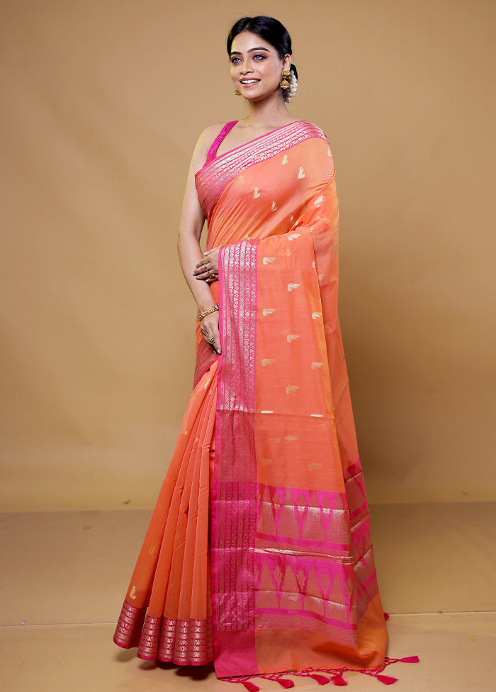 Orange Kora Silk Saree With Blouse Piece