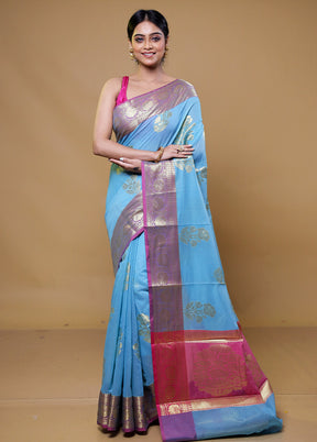 Blue Kora Silk Saree With Blouse Piece