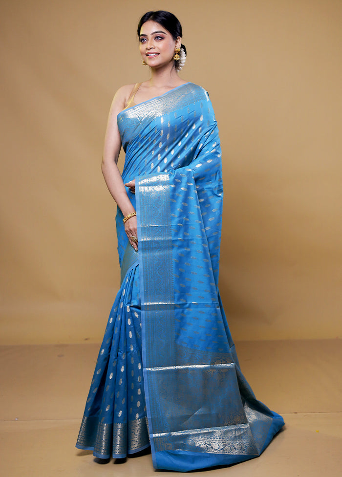 Blue Kora Silk Saree With Blouse Piece