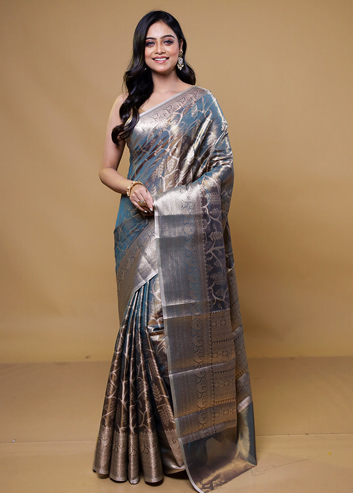 Blue Tissue Silk Saree With Blouse Piece