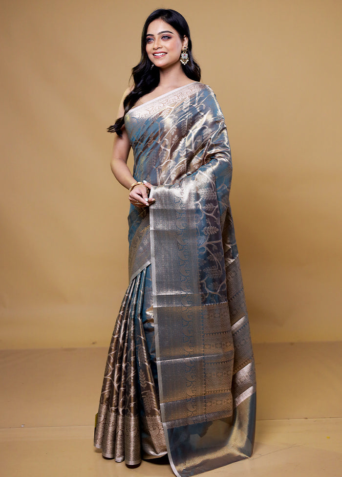 Blue Tissue Silk Saree With Blouse Piece