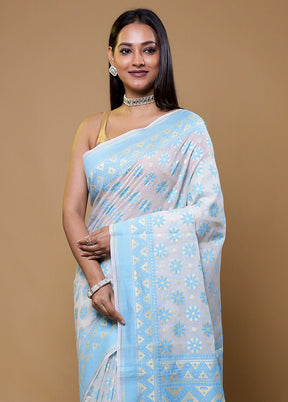 White Kora Silk Saree With Blouse Piece