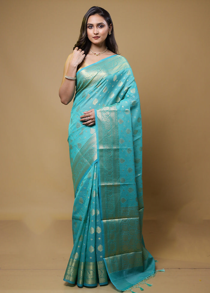 Blue Kota Cotton Saree With Blouse Piece