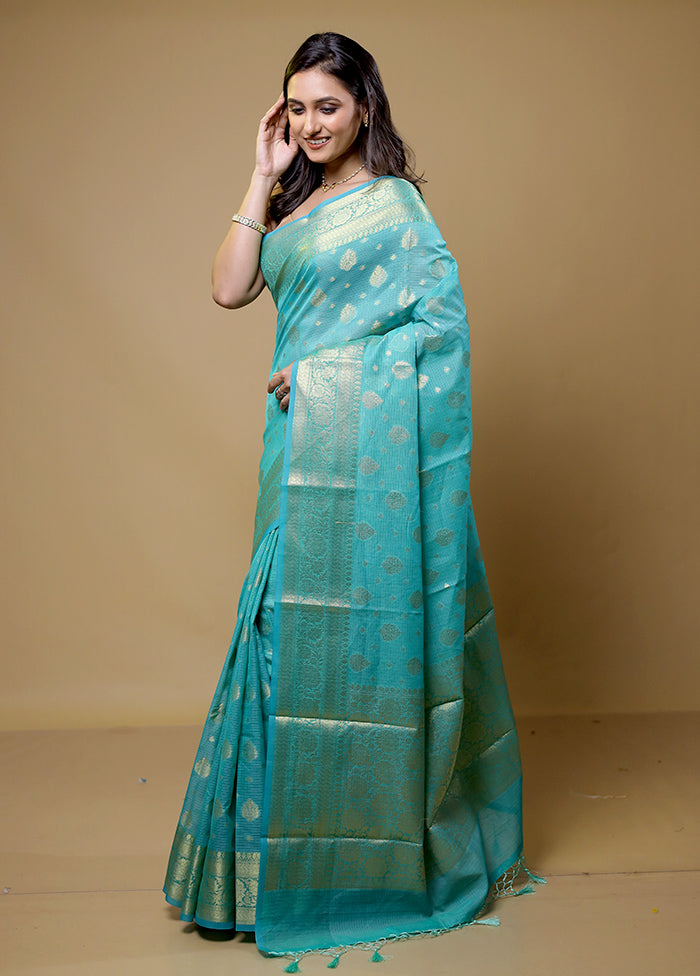 Blue Kota Cotton Saree With Blouse Piece