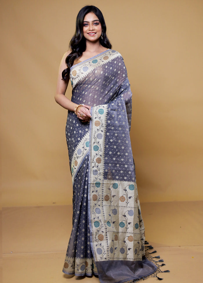 Grey Kora Silk Saree With Blouse Piece