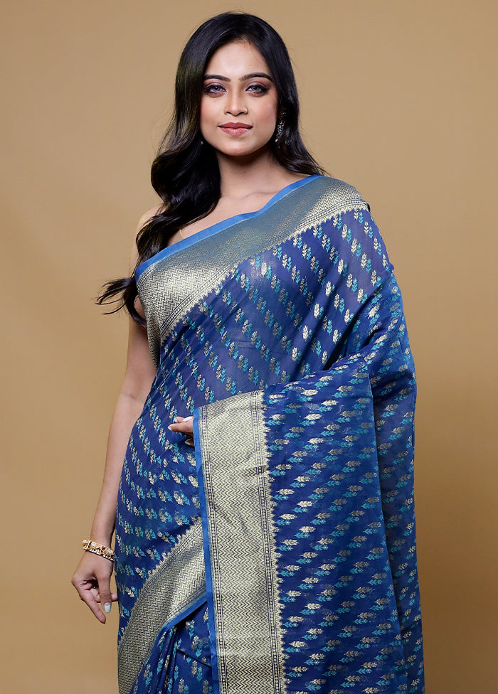 Blue Kora Silk Saree With Blouse Piece