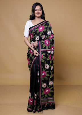 Black Handloom Kantha Stitch Pure Silk Saree With Blouse Piece