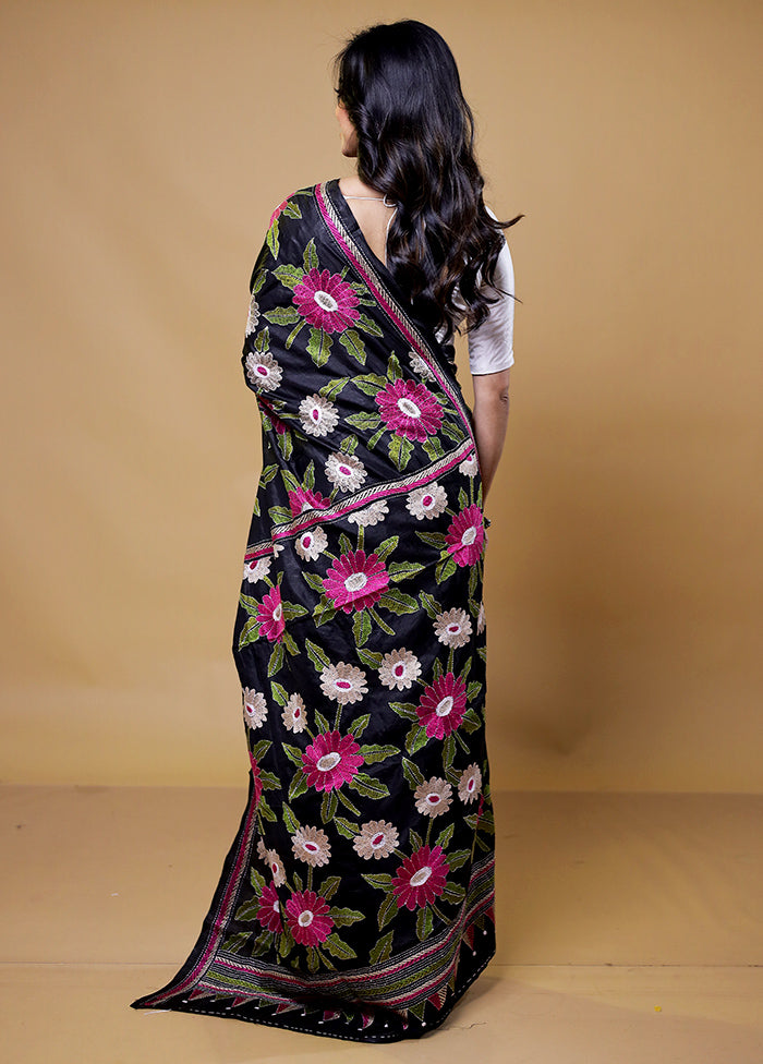 Black Handloom Kantha Stitch Pure Silk Saree With Blouse Piece