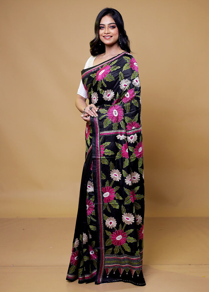 Black Handloom Kantha Stitch Pure Silk Saree With Blouse Piece