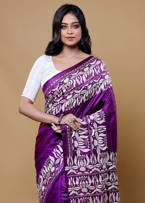 Purple Handloom Kantha Stitch Pure Silk Saree With Blouse Piece