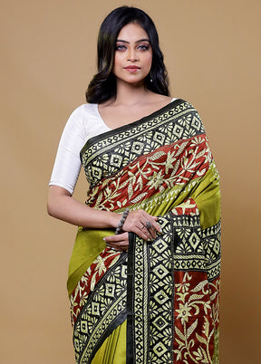 Green Handloom Kantha Stitch Pure Silk Saree With Blouse Piece