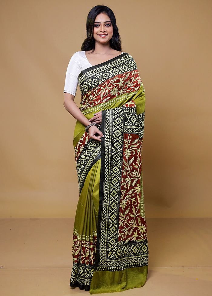 Green Handloom Kantha Stitch Pure Silk Saree With Blouse Piece