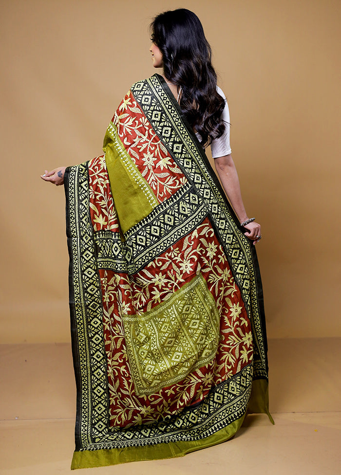 Green Handloom Kantha Stitch Pure Silk Saree With Blouse Piece