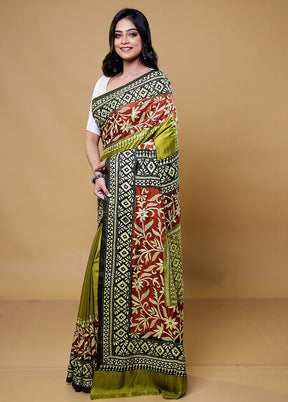 Green Handloom Kantha Stitch Pure Silk Saree With Blouse Piece