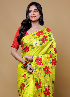 Yellow Handloom Kantha Stitch Pure Silk Saree With Blouse Piece