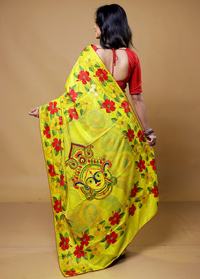 Yellow Handloom Kantha Stitch Pure Silk Saree With Blouse Piece