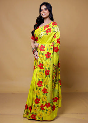 Yellow Handloom Kantha Stitch Pure Silk Saree With Blouse Piece