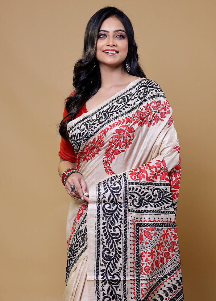 Cream Handloom Kantha Stitch Pure Silk Saree With Blouse Piece