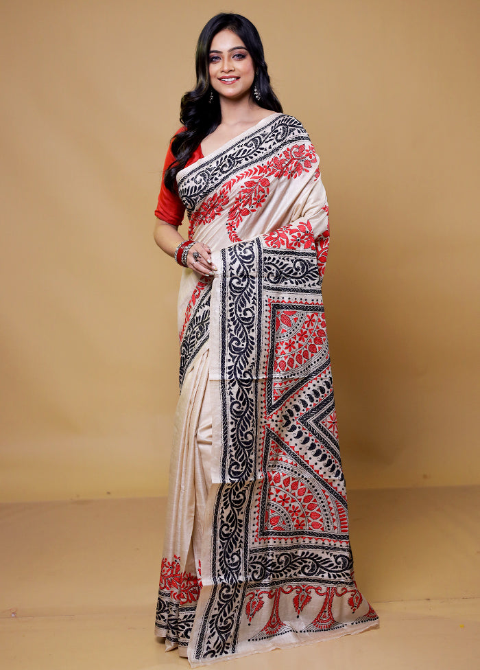 Cream Handloom Kantha Stitch Pure Silk Saree With Blouse Piece