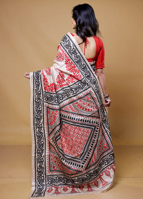 Cream Handloom Kantha Stitch Pure Silk Saree With Blouse Piece