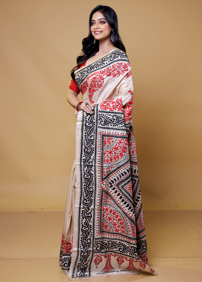 Cream Handloom Kantha Stitch Pure Silk Saree With Blouse Piece