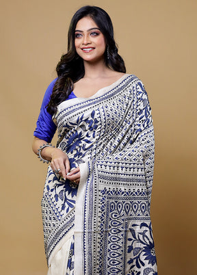 Cream Handloom Kantha Stitch Pure Silk Saree With Blouse Piece