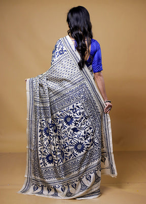 Cream Handloom Kantha Stitch Pure Silk Saree With Blouse Piece