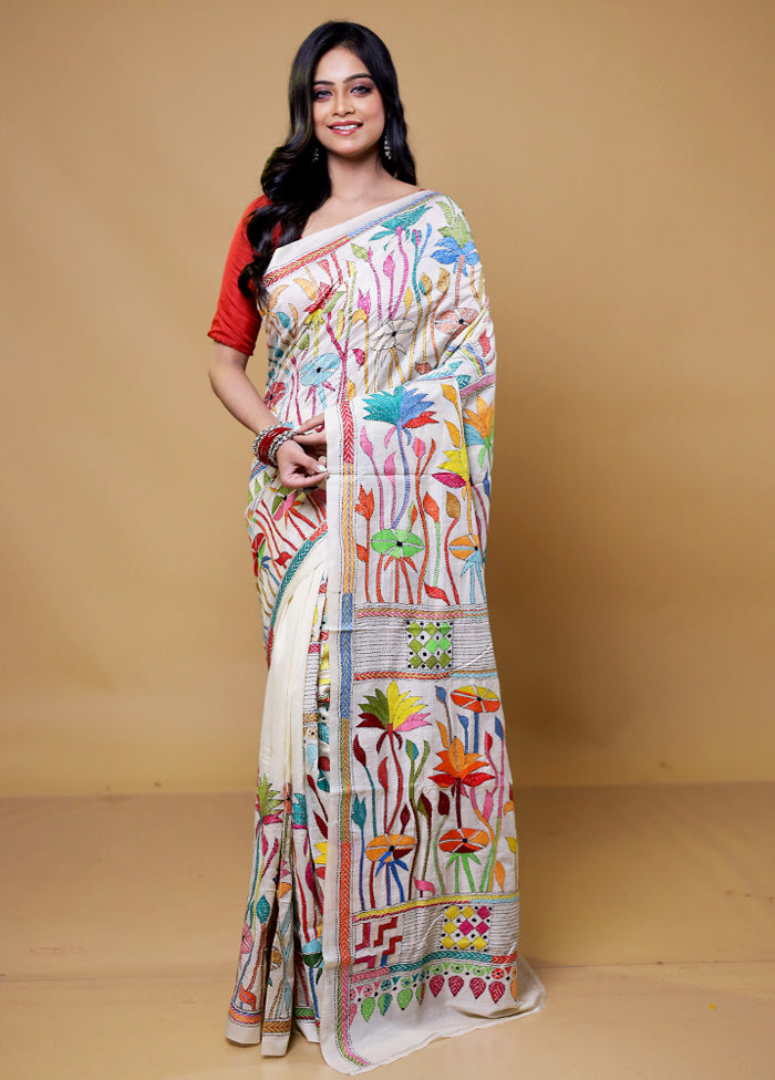 Cream Handloom Kantha Stitch Pure Silk Saree With Blouse Piece