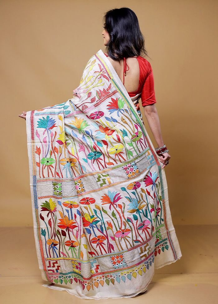 Cream Handloom Kantha Stitch Pure Silk Saree With Blouse Piece