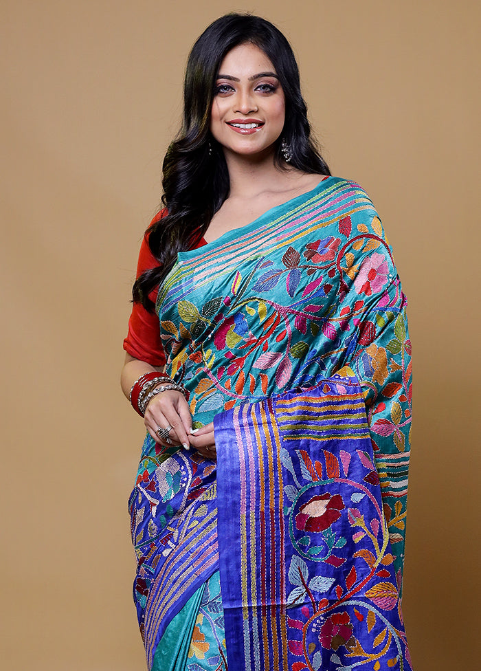 Blue Handloom Kantha Stitch Pure Silk Saree With Blouse Piece