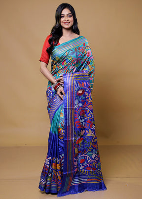 Blue Handloom Kantha Stitch Pure Silk Saree With Blouse Piece