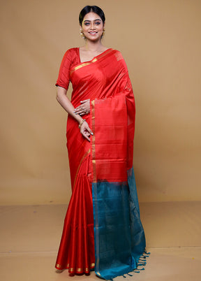 Red Handloom Kanjivaram Pure Silk Saree With Blouse Piece