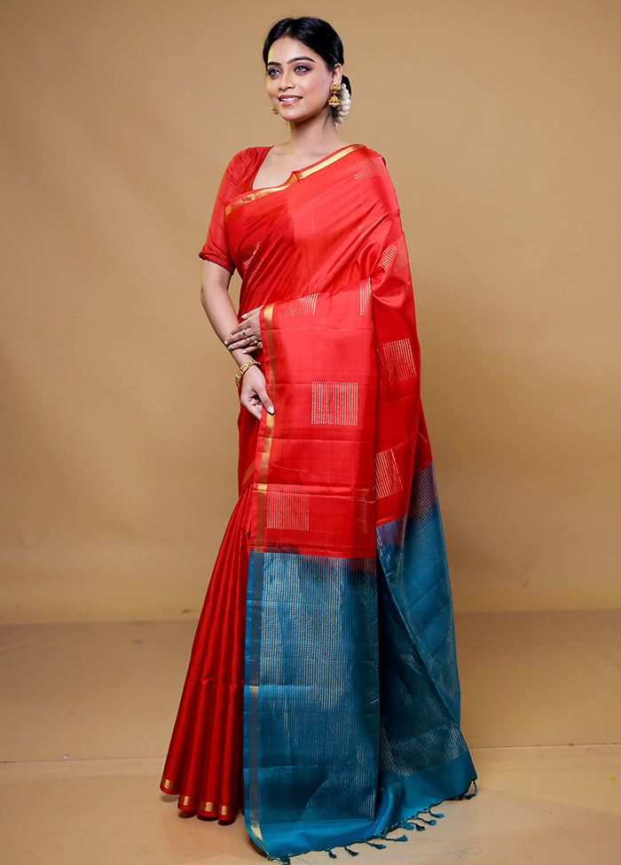 Red Handloom Kanjivaram Pure Silk Saree With Blouse Piece