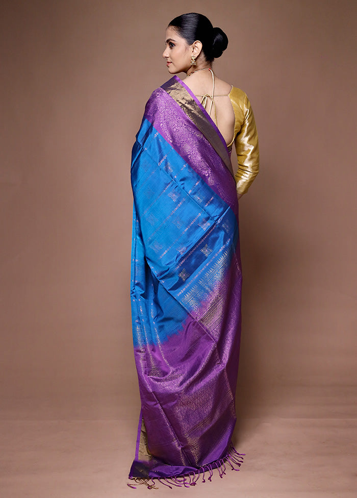 Blue Handloom Kanchipuram Pure Silk Saree With Blouse Piece