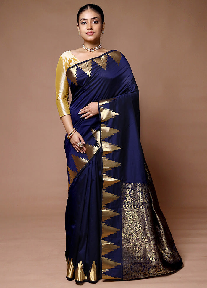 Blue Kanjivaram Silk Saree With Blouse Piece