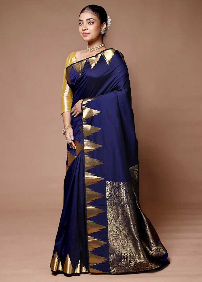 Blue Kanjivaram Silk Saree With Blouse Piece