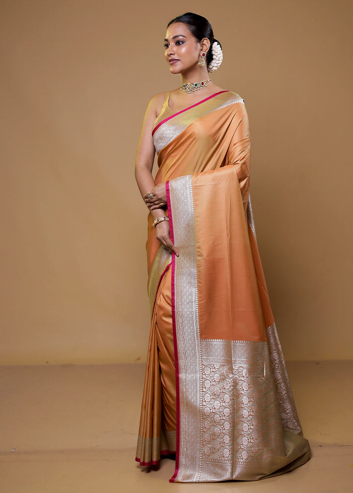 Orange Banarasi Silk Saree With Blouse Piece