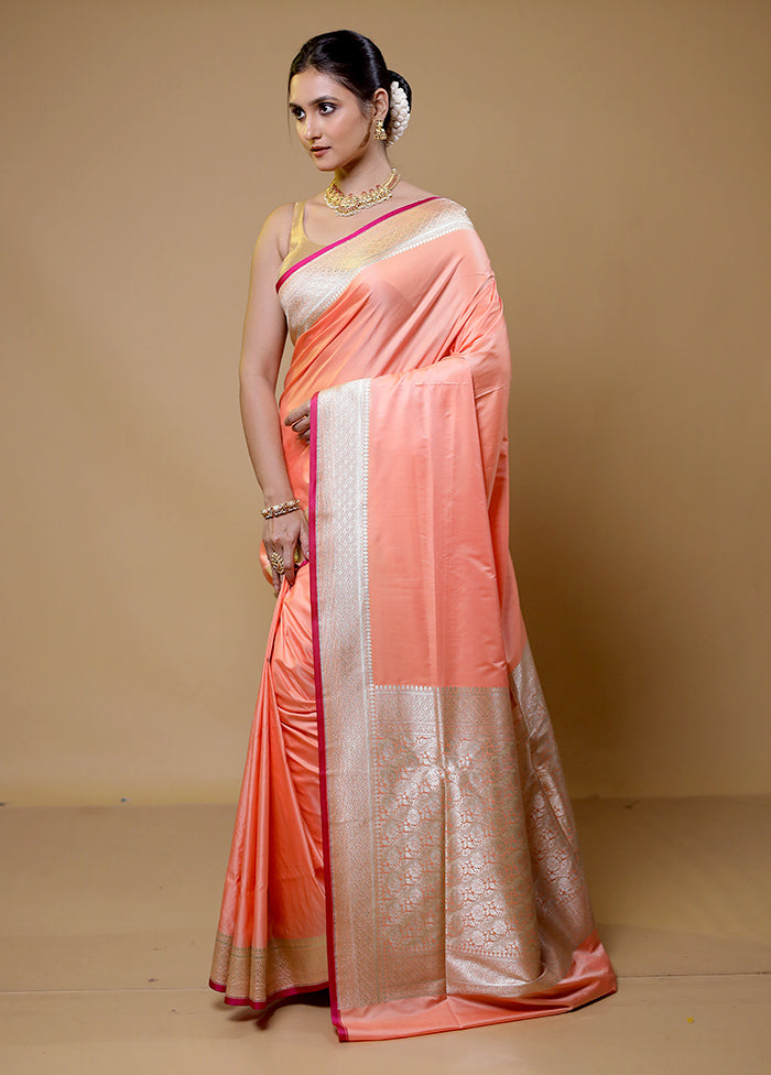 Peach Banarasi Silk Saree With Blouse Piece