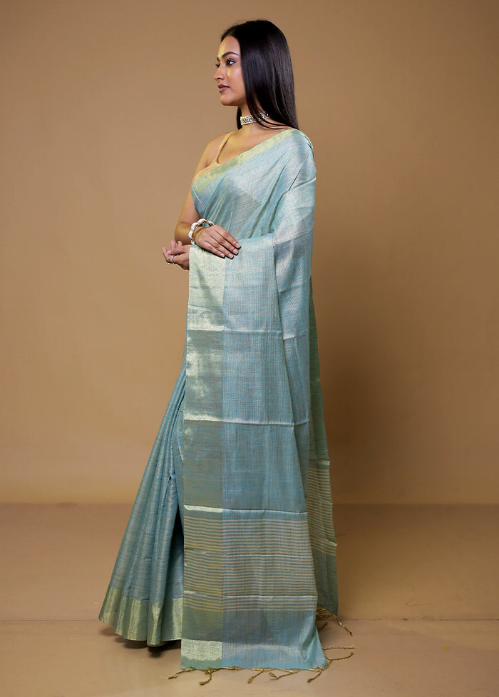 Blue Linen Silk Saree With Blouse Piece