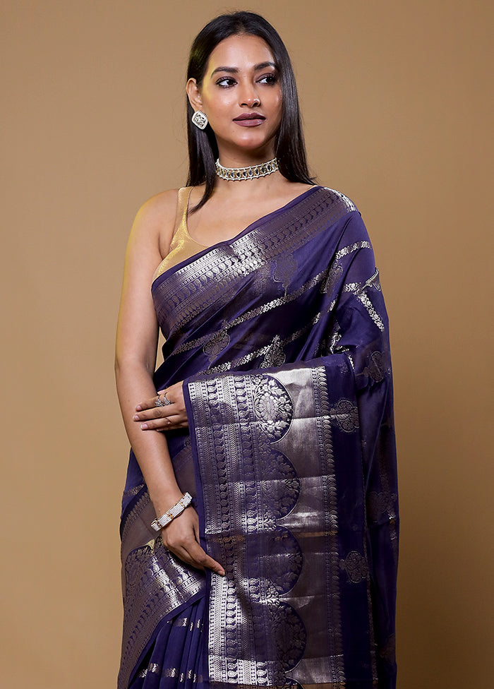 Blue Dupion Silk Saree With Blouse Piece