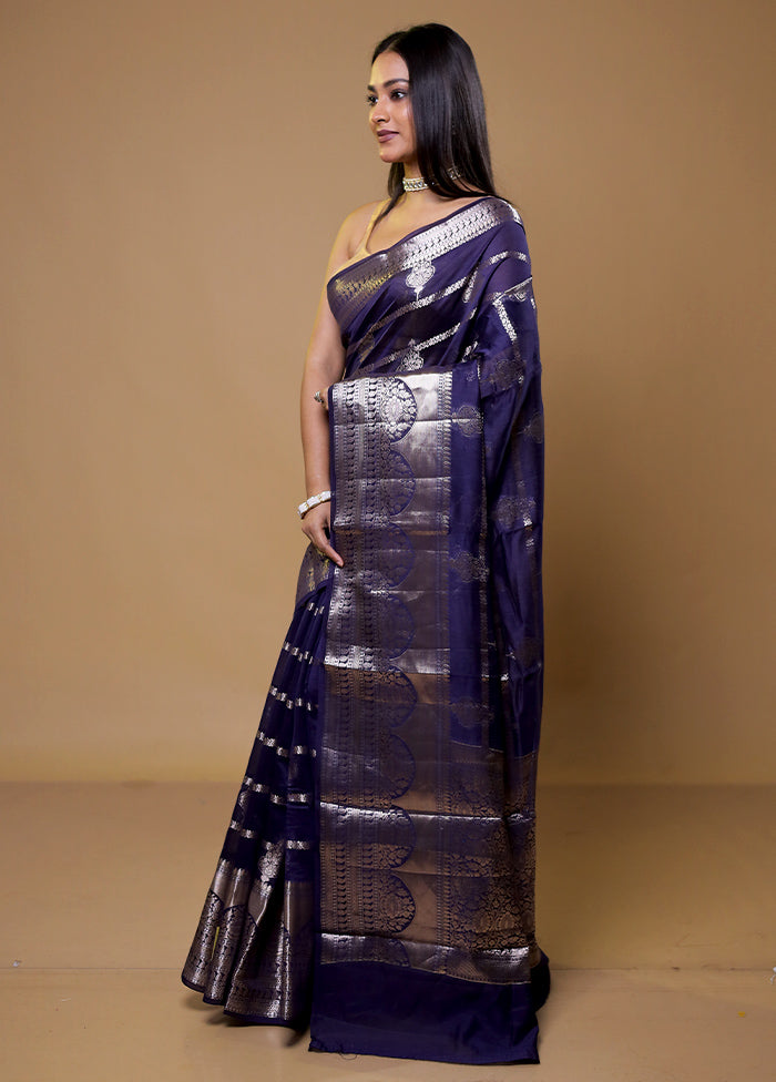 Blue Dupion Silk Saree With Blouse Piece