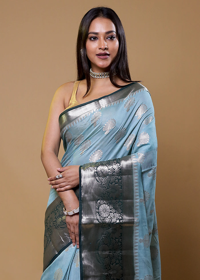 Blue Dupion Silk Saree With Blouse Piece