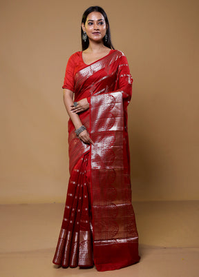 Red Dupion Silk Saree With Blouse Piece